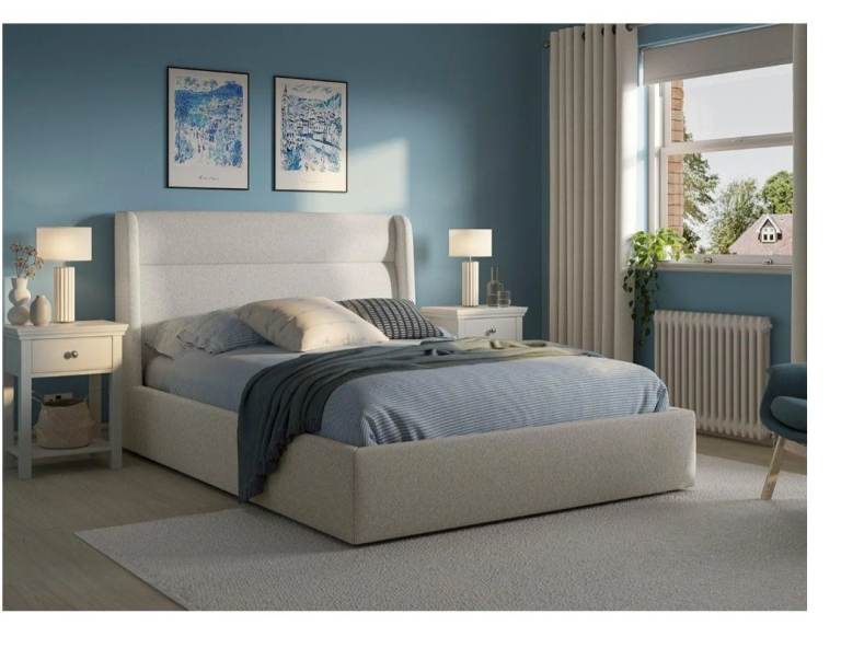 Double Bed Frame with Headboard and memory mattress - Beige Fabric, As Good As New