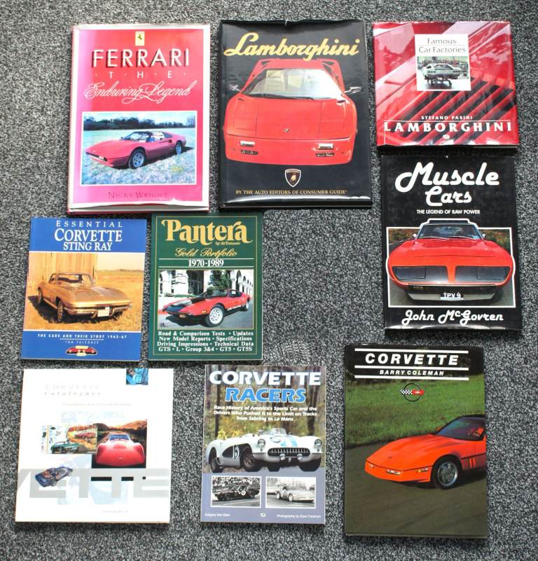 NINE RARE SPORTS CAR BOOKS - FERRARI LAMBORGHINI CORVETTE PANTERA ETC