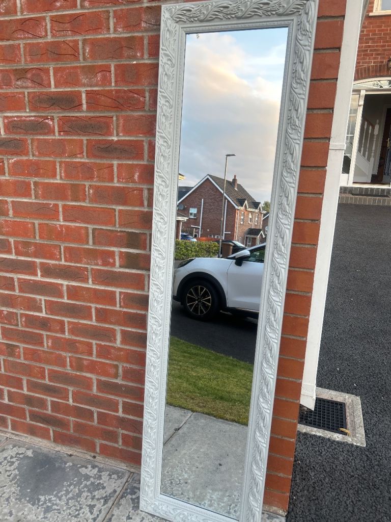 Tall White Ornate Mirror – Good Condition