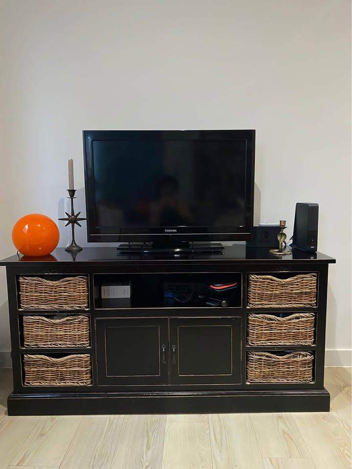 Black and wicker wooden tv unit/ sideboard