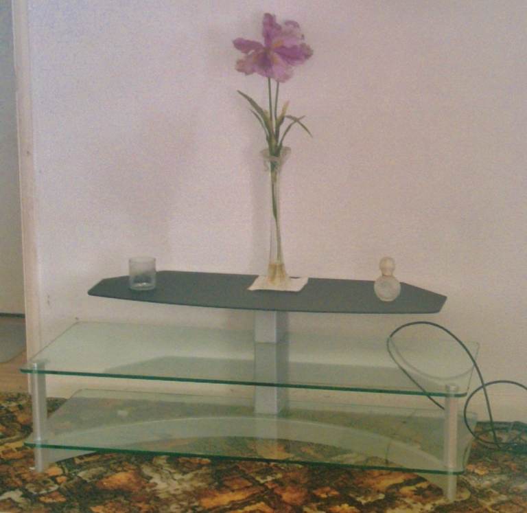 Glass TV Stand with Two Shelves – Good Condition
