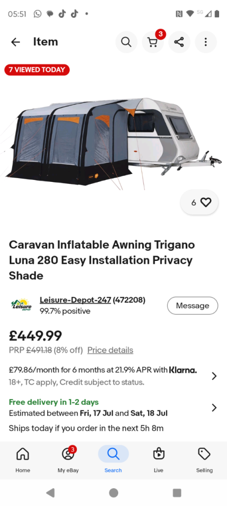 Inflatable awning for caravan 