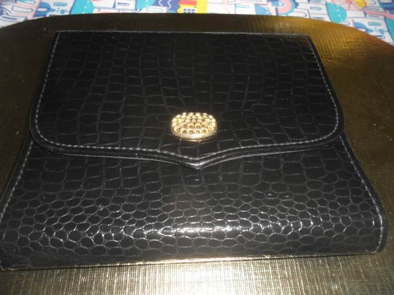 Black Croc-Effect Purse/Shoulder Bag with Gold Clasp