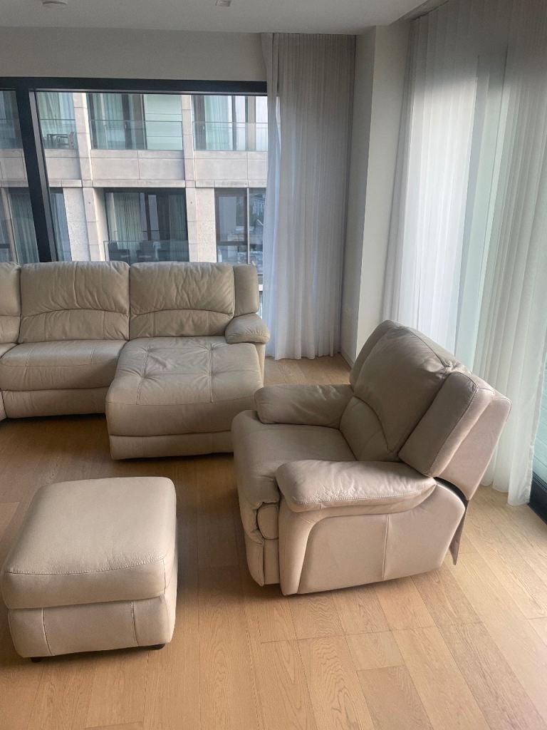 Luxury 7-Seater Genuine Leather L-Shaped Sofa Set + Recliner Chair & Footstool – Excellent Condition