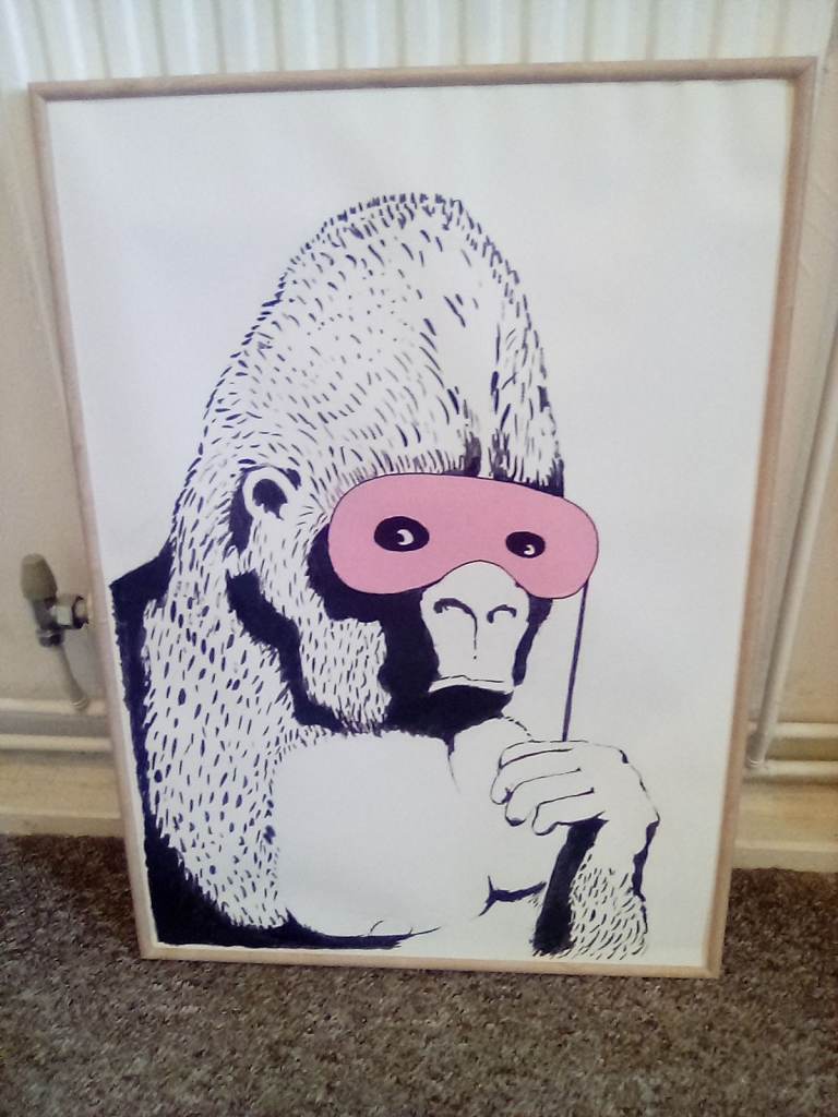 Banksy Gorilla in Pink Mask Framed Picture.