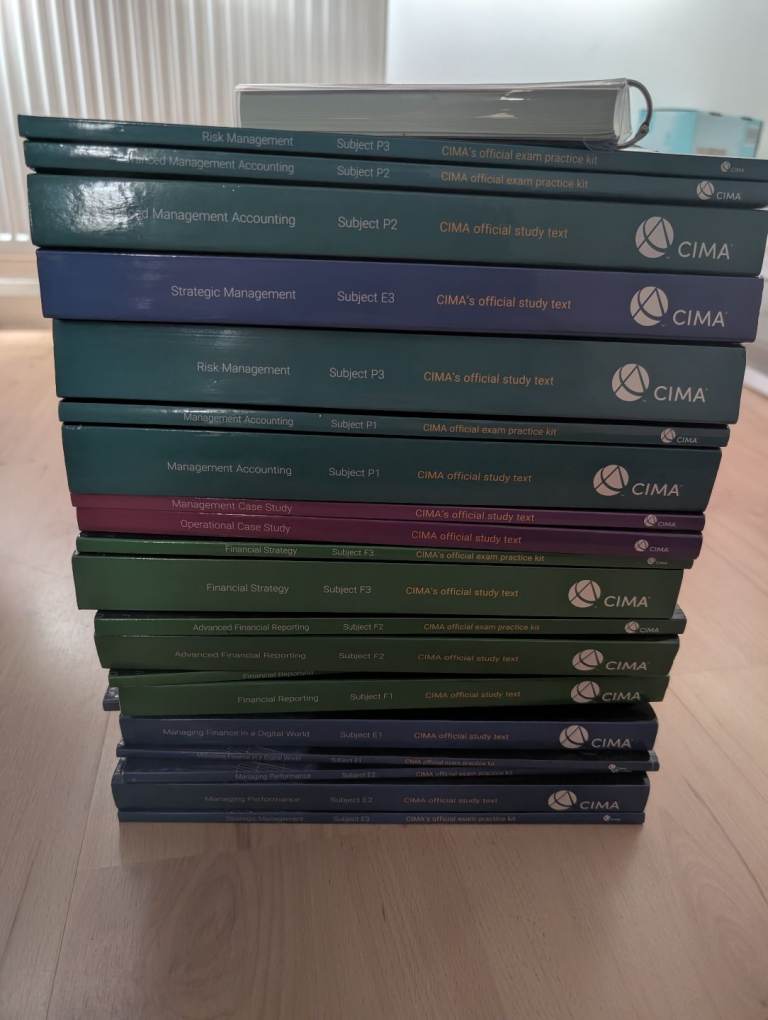 Full set of CIMA study texts and exam kits for E F and P pillars