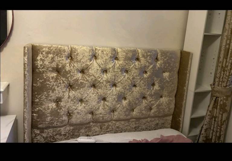 Double Gold Velvet Bed Frame with Buttoned Headboard – Good Condition