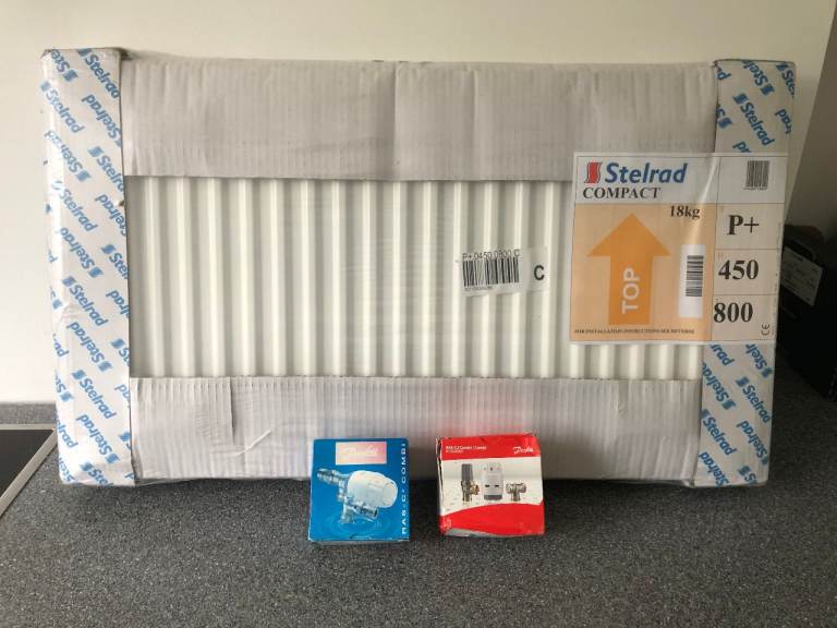 Stelrad Compact Radiator 450 x 800 P+ and Danfoss Radiator Valves - brand new in packaging