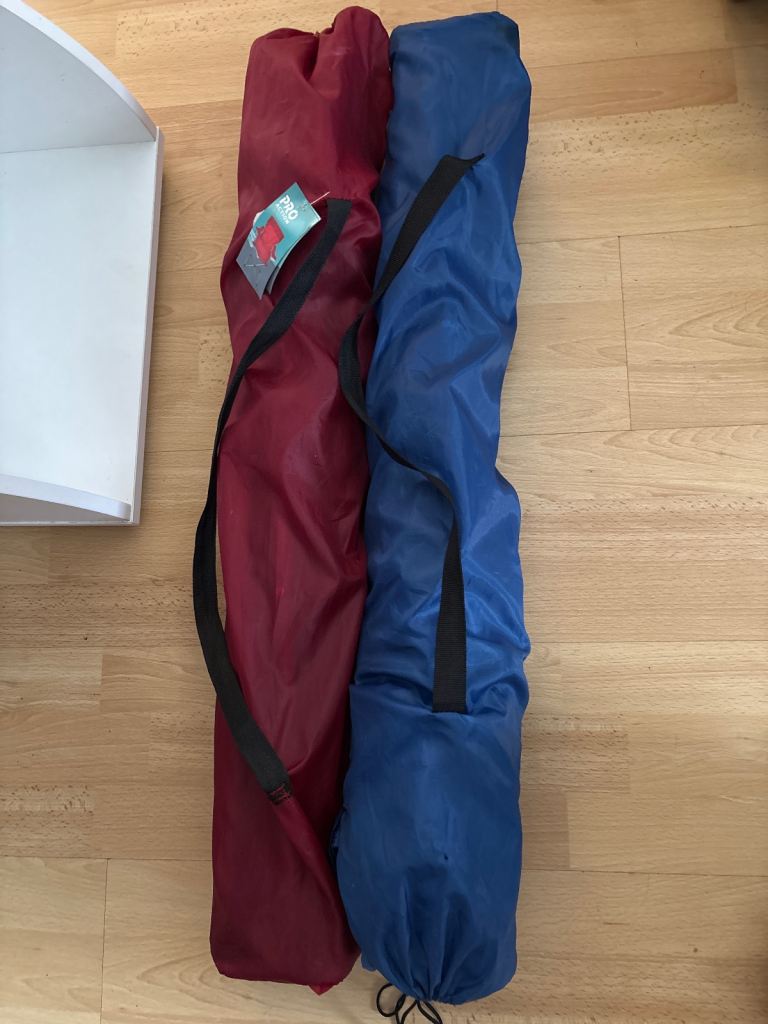 Two Portable Folding Camping Chairs – Red and Blue, Brand New