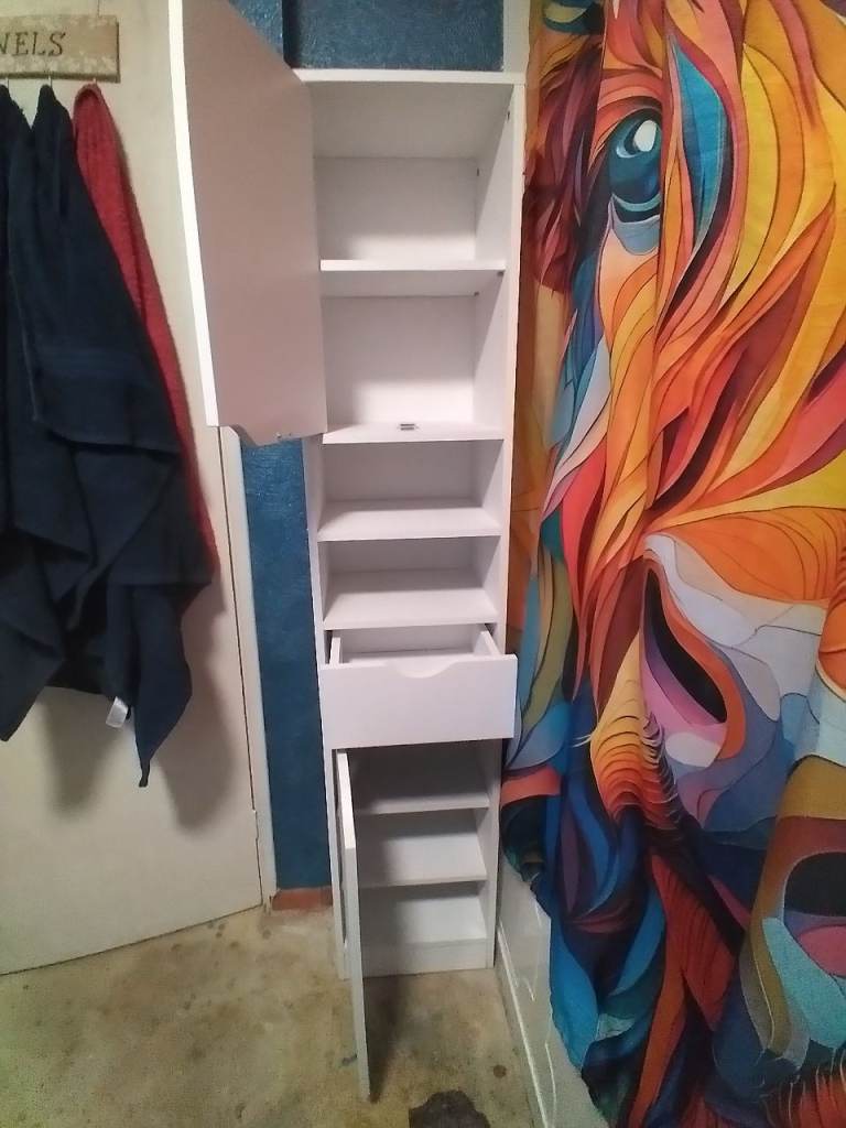 White Slim Storage Unit with Drawer and Shelves