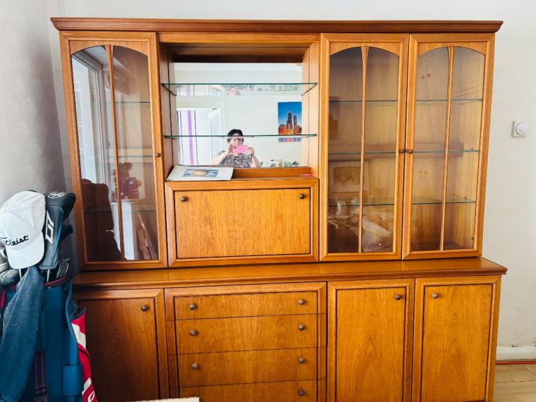 Wooden Display Cabinet with Glass Doors and Drawers
