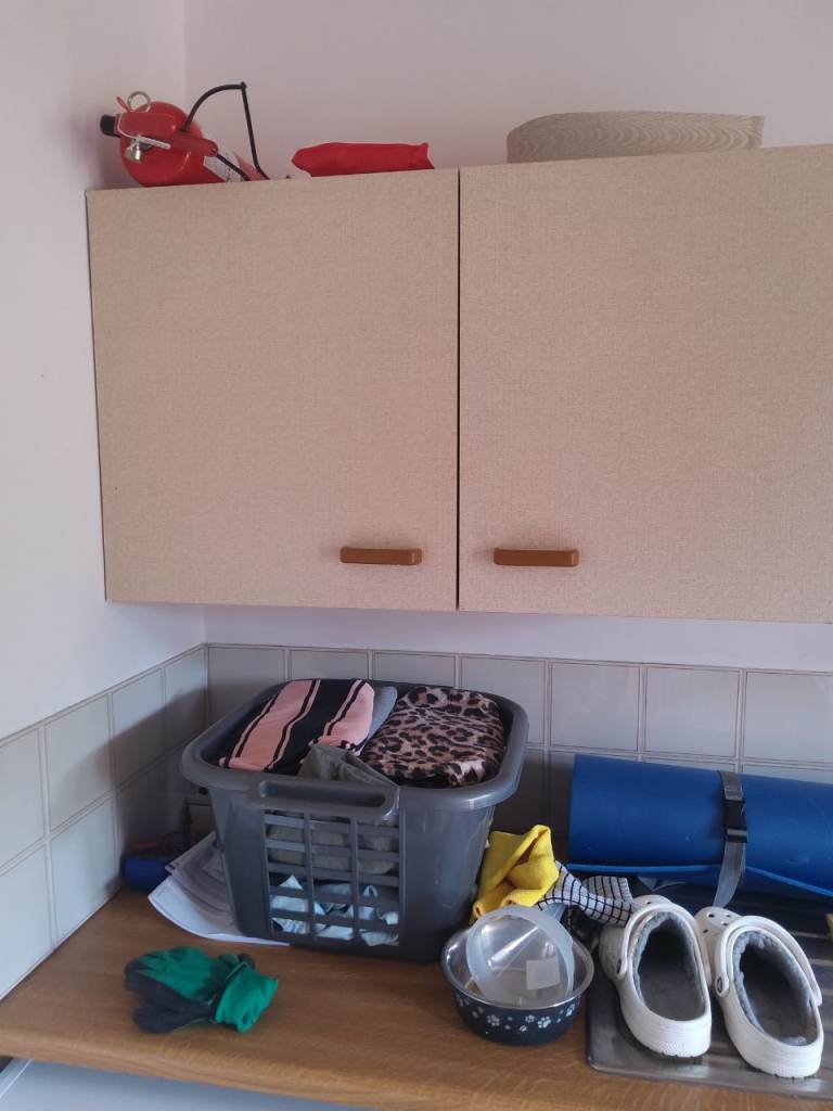 Pair of Beige Kitchen Wall Cabinets with Wooden Handles