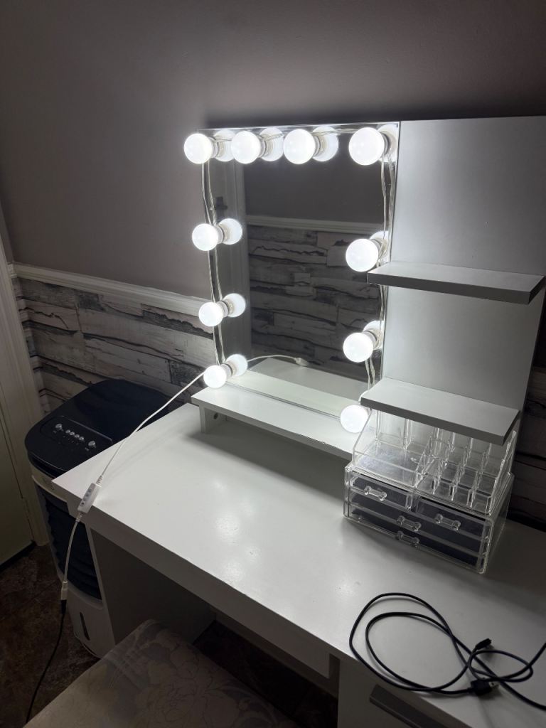 White Dressing Table with Mirror & Lights, Storage