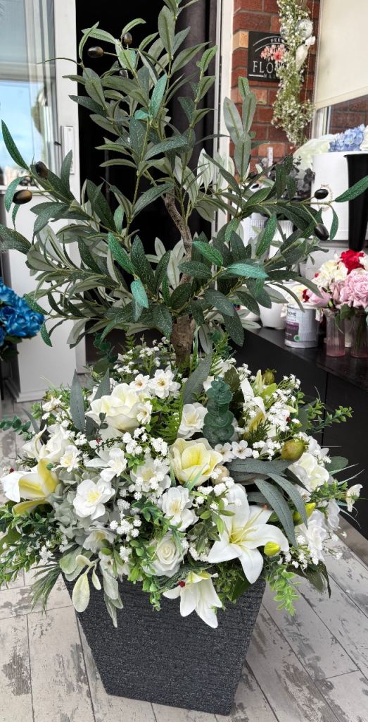 Faux Olive Tree Centerpiece with White Lilies and Hydrangeas