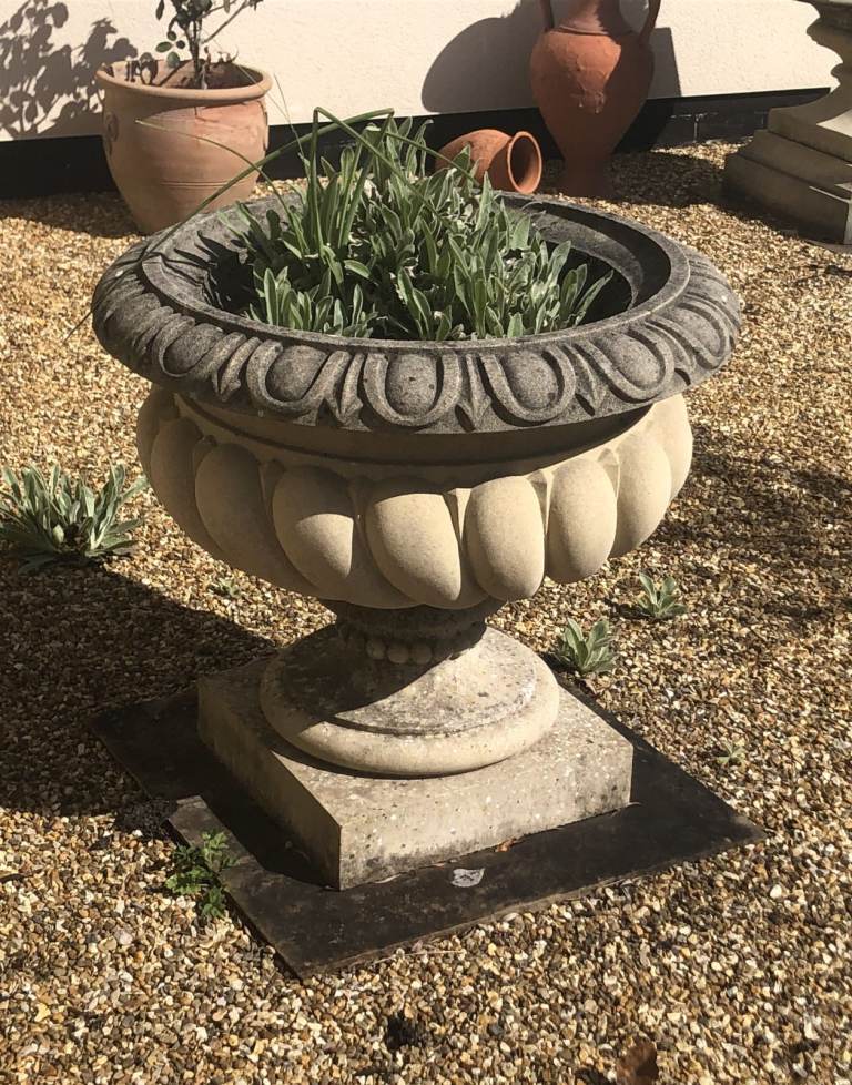 Vintage Large Stone Garden Urn Planter on low Stone pedestal, vgc deep fill bowl