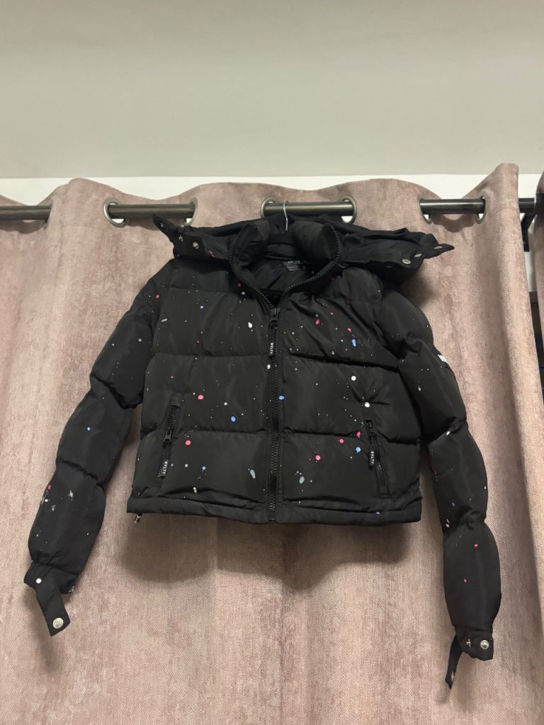 Ladies New Paint Splat NVLTY Genuine Black Cropped Bomber Jacket Size 8