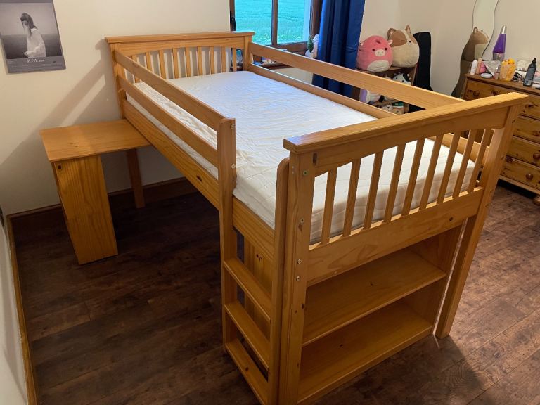 Wooden Mid Sleeper Bed with Desk and Shelves – Good Condition