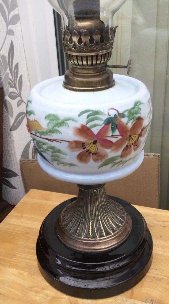  Antique Brass & Hand Painted Ceramic Single Burner Oil Lamp with Glass Funnel