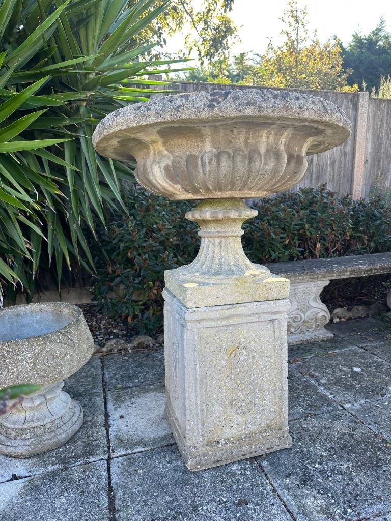 Large garden urn with plinth Nicely aged  1 metre high. Can deliver 