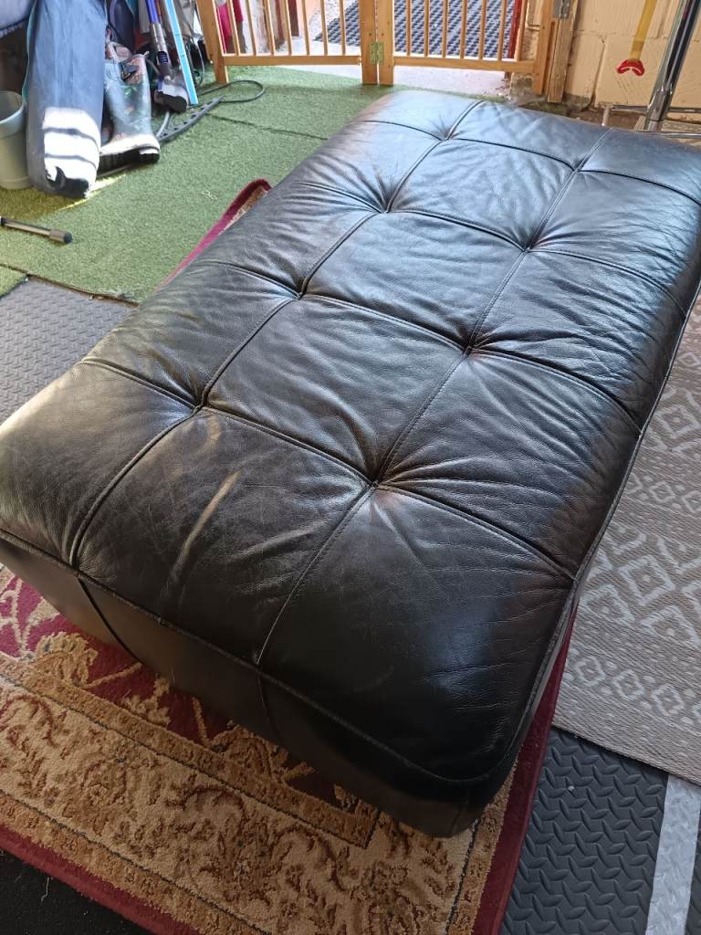 Black Leather Ottoman Footstool – Good Condition
