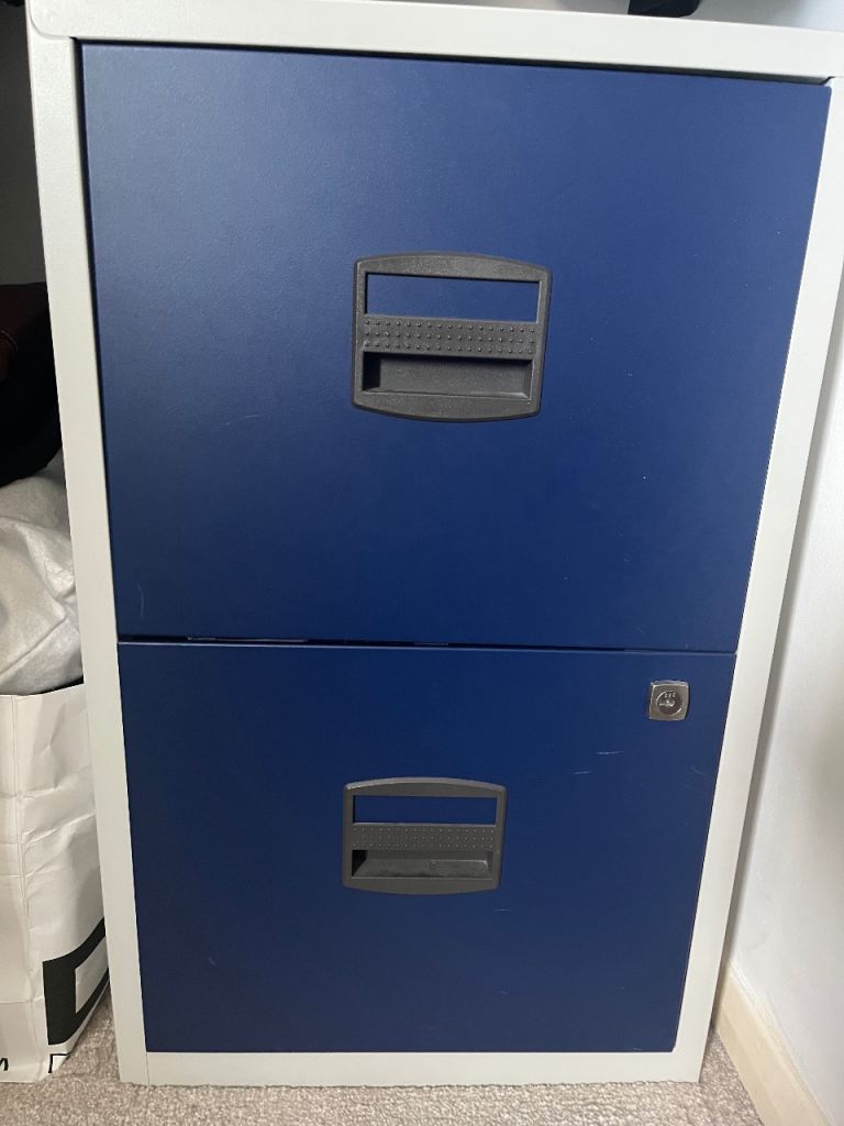 Blue Metal Filing Cabinet with 2 Drawers – Good Condition