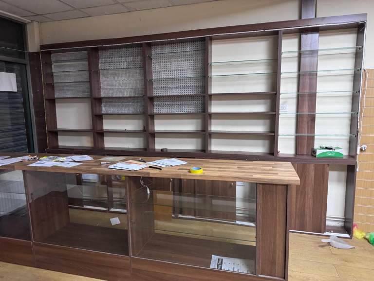 Shop counter and wall shelves 