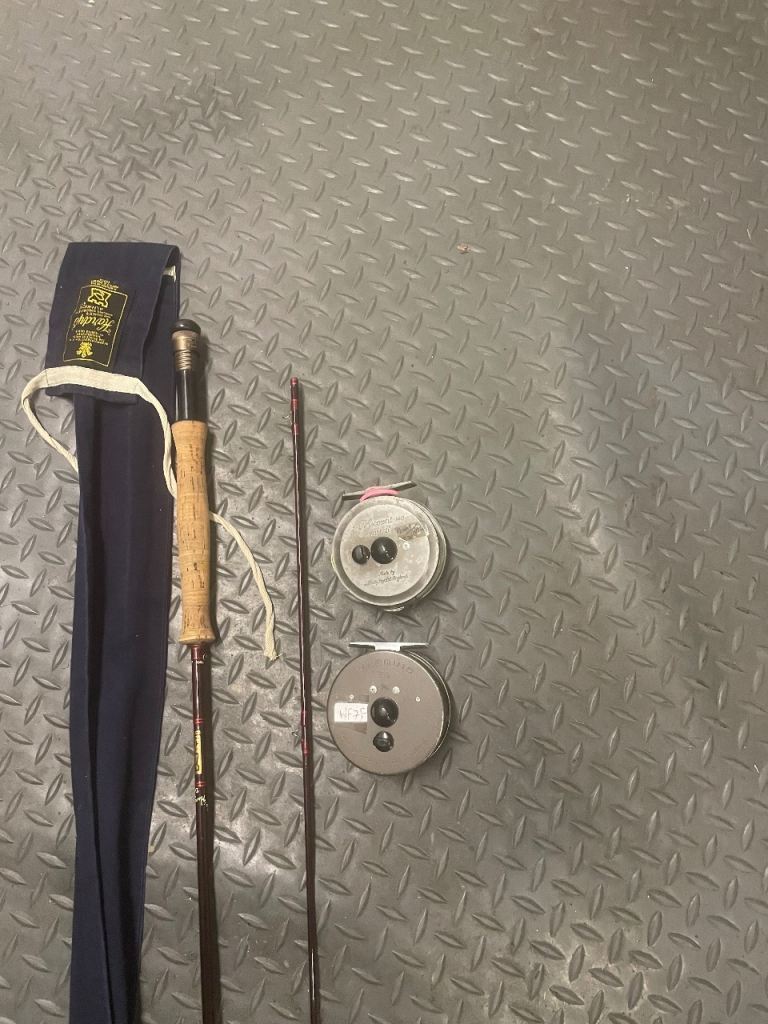 9 foot Hardy fly rod and 2 hardy reels size 9 waders and box of flies 