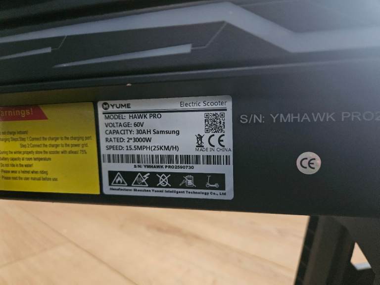 YUME Hawk Pro 6000w Electric Scooter Black Samsung battery