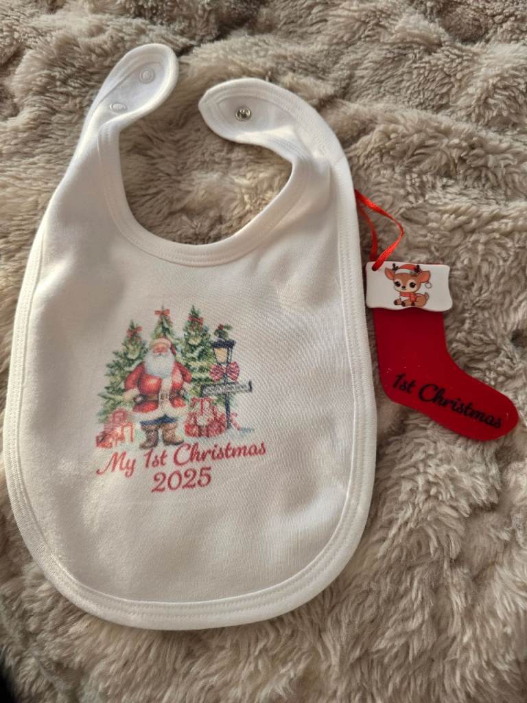 Baby's 1st personalised Christmas bib and tree decoration