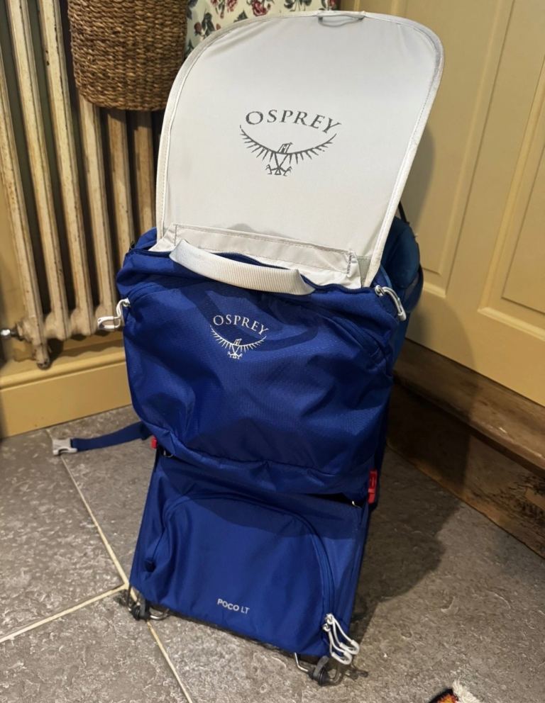 Osprey poco lt blue baby/toddler backpack carrier with sunshade