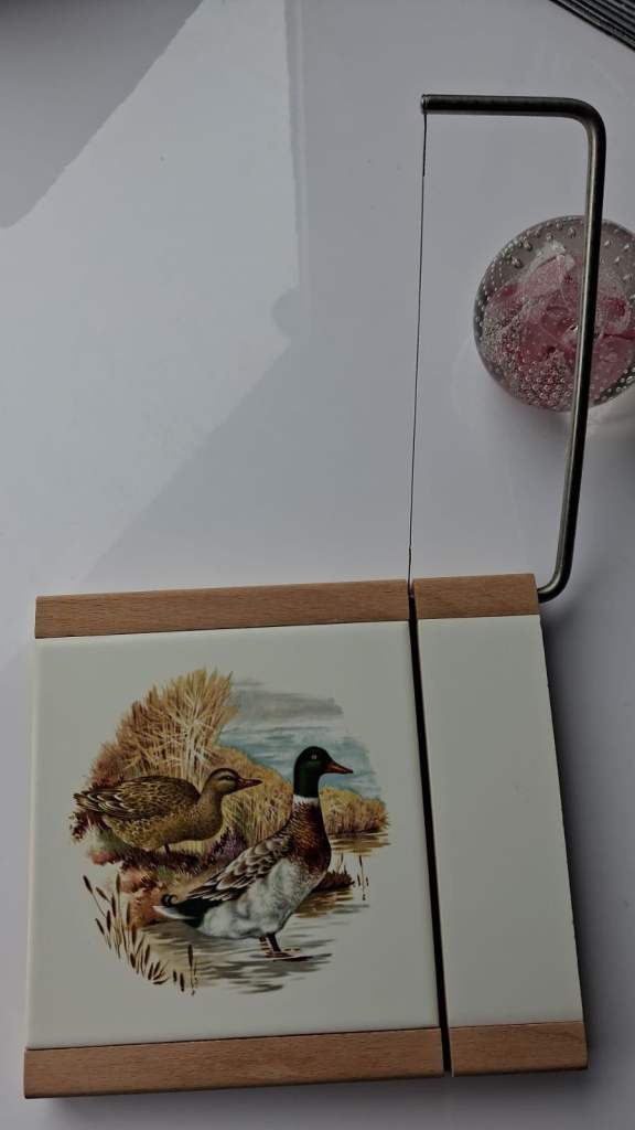 Vintage Wood Wot Knots Two Tile Cheese Board With Wire Cutter Bird Scene