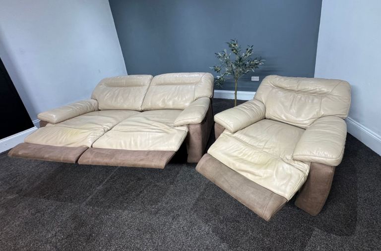 SCS Two Tone biscuit Leather & Brown Suede Fabric Power Recliner 3 Seater Sofa & Armchair  £395 