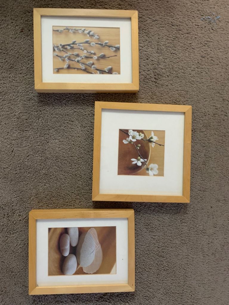 3 small wooden framed prints