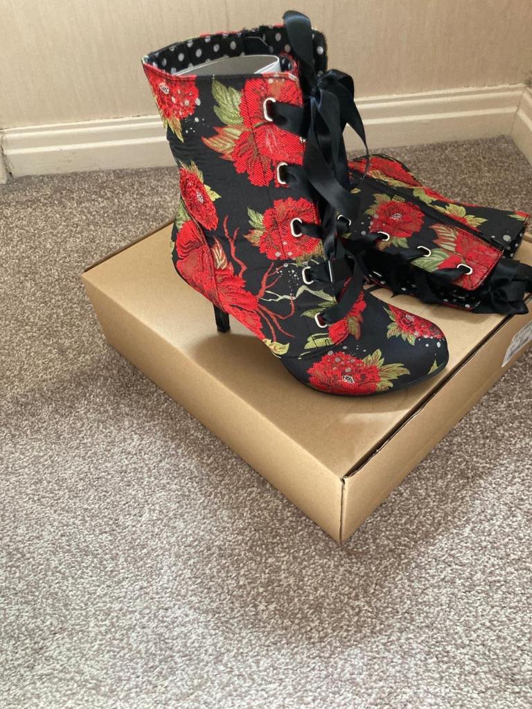 Stunning Black and Red Floral Ankle Boots – Like New