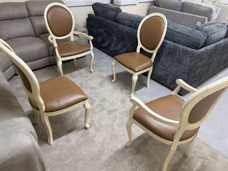 Set of Four Cream & Brown Dining Chairs - Fair Condition