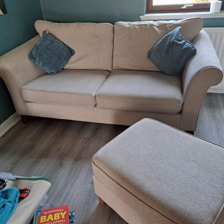 ****Pending collection****Furniture Village - Two Beige 2/3-Seater Sofas and Matching Footstool