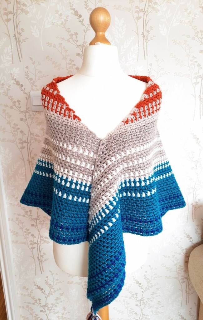 Handmade Warm Shawl for Winter. Striped Knitted Shoulder Wrap. Boho Chunky Crochet Accessory Tassels