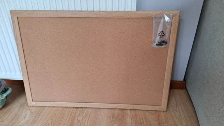 CORK noticeboard 90 x 60cm THICKER cork, oak-effect frame notice pin board GOOD QUALITY (cost £60)