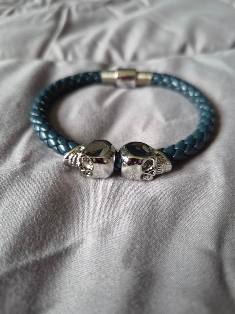 Northskull Denim Blue Nappa Leather Silver Twin Skull Bracelet Medium Wrist