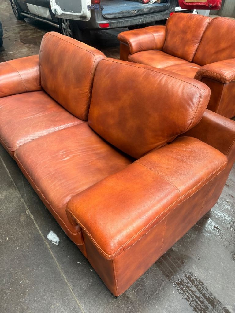 Two-Seater Brown Leather Sofa – Fair Condition
