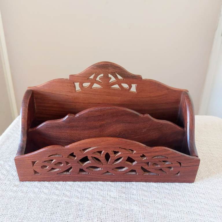 Vintage Indian Wood Letter Rack - Hand Carved