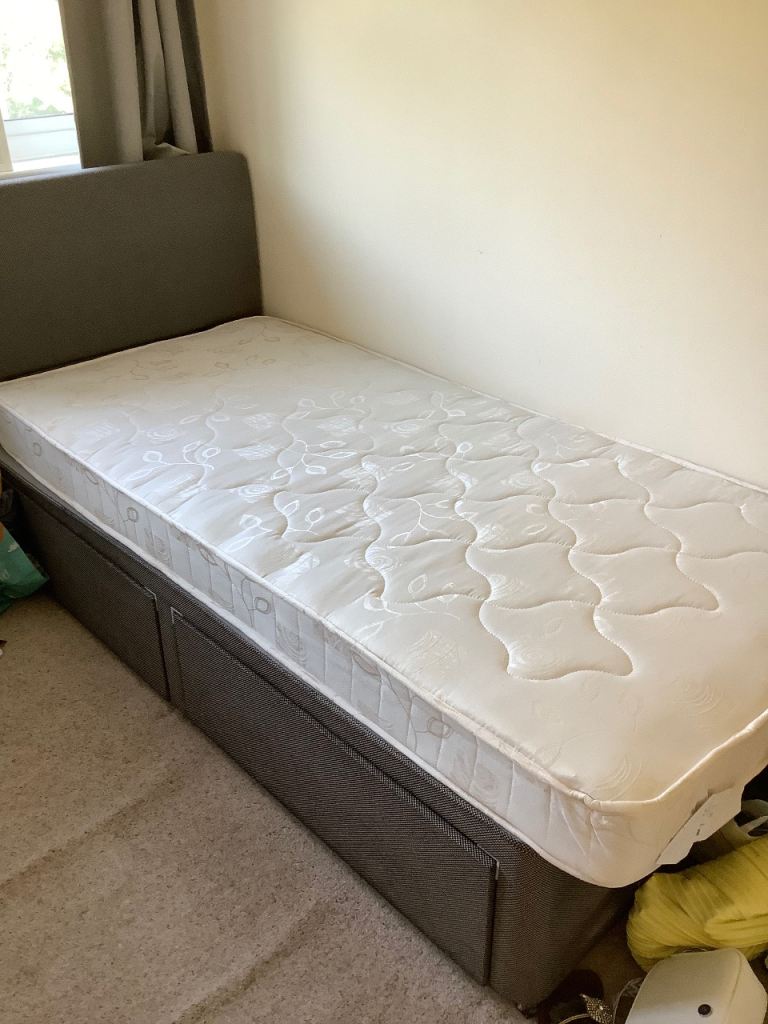 Single Divan Bed with Mattress and Headboard – Grey, Very Good Condition, 2 drawers. 