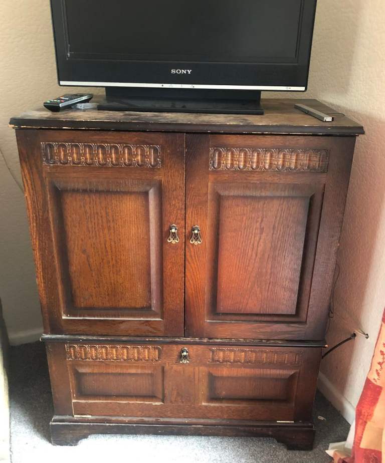 Wooden TV Unit / Sideboard – Carved Details, Fair Condition