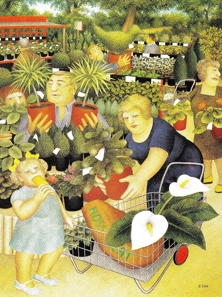 14. A framed original print GARDEN CENTRE PLANTS featuring BERYL COOK