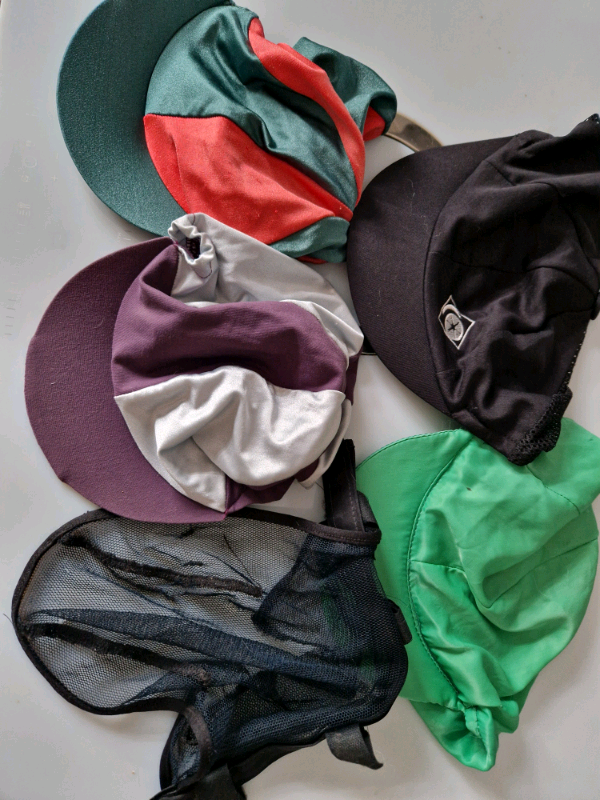 Job lot 4 riding hat/ helmet silks & 1 horse nose 
