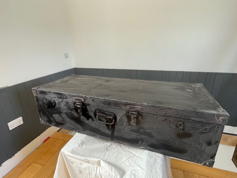 Large Vintage Metal Trunk / Chest - Black, Fair Condition