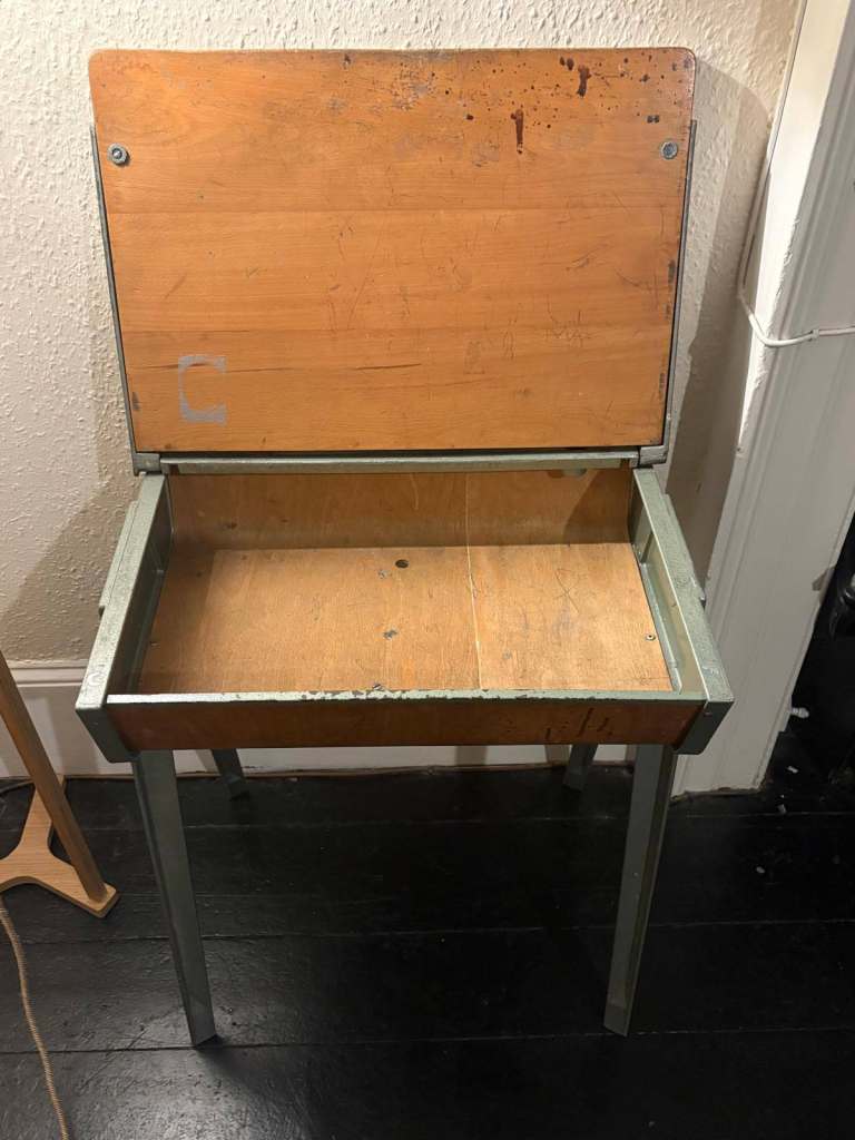 Vintage 1950s ESAVIAN wooden school desk hinged lid with metal frame