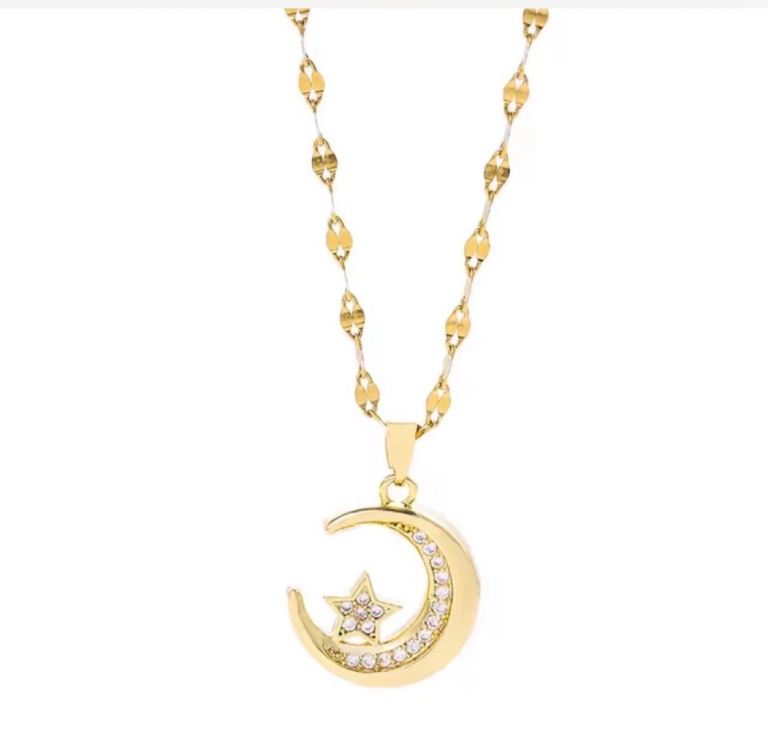 New Gold Moon & Star Necklace with Crystals