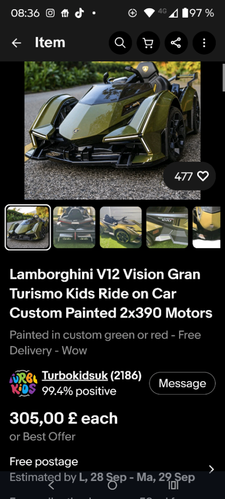 Lamborghini V12 Vision Gran Turismo Kids Ride-on Car - Green, Second hand 