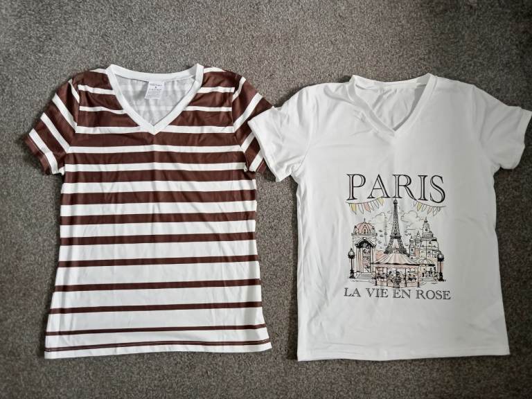Two Women's V-Neck T-Shirts - Strip size small ed and Paris Print, Good Condition